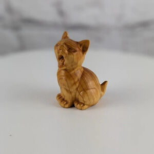 Wooden hand carved cat figurine, yawning, kitty cat, ginger orange feline